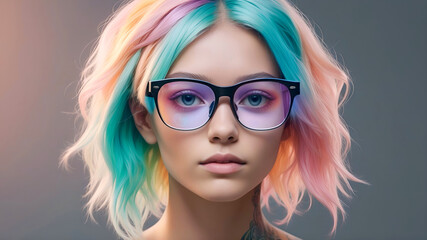 Fototapeta premium Portrait of a girl with rainbow-colored hair in sunglasses. Futuristic and edgy style