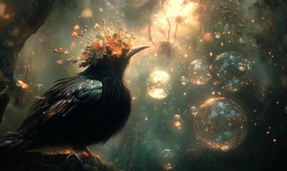 Obraz premium A bird with a flower crown in a fantasy forest.