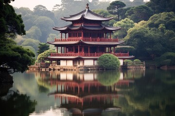 Tranquil Japanese Temple by the Lake