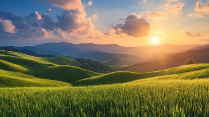 Obraz premium Idyllic Sunset Over Rolling Green Hills and Valleys, Illuminating the Peaceful Countryside with a Warm Glow and Creating a Serene, Picturesque Landscape Under a Cloudy Sky