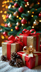 Christmas gifts with red ribbons under decorated tree with ornaments and lights