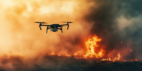 Fototapeta premium Drone precisely targeting and striking ground objective with intense explosion, flames, and smoke filling the sky, representing modern warfare technology, precision military strikes