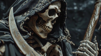 Intricately detailed grim reaper skeleton with scythe in ominous and captivating atmosphere