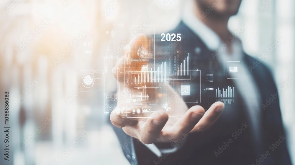 Poster businessman interacting with digital interface showing data and charts, with 2025 in the center of t