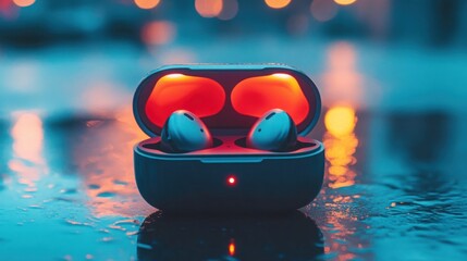 A pair of wireless earbuds charging in their case, with LED indicator lights