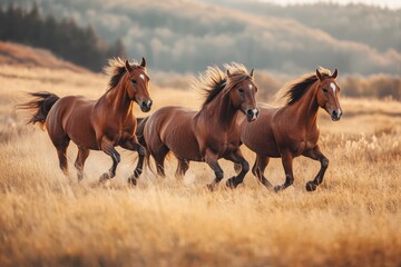 Obraz premium horses running through the prairie, nature concept