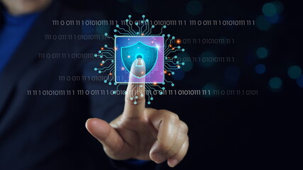 Businessman touching virtual master key with binary number code for identity and access password ,technology security system and prevent hacker concept
