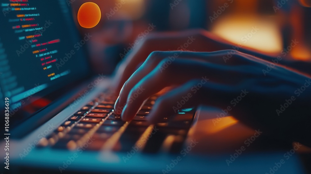 Aufkleber hands typing on a laptop keyboard, with code displayed on the monitor, modern workspace
