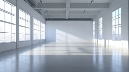 Empty white room with large windows and natural sunlight. Perfect for photography backdrops or minimalist interior design inspiration.