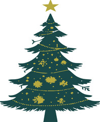 Christmas decorated tree silhouette, vector illustration, holiday background, template for design, greeting card, banner, invitation.