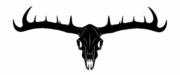 Fototapeta premium Stylized black moose skull illustration with antlers on a white background