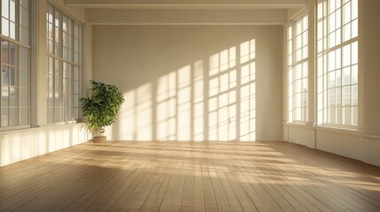 Obraz premium Empty room with large windows and wooden floor. Natural light casts shadows on the floor. Minimalist and modern interior design.