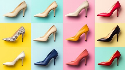 Collage with stylish high heeled shoes on color background
