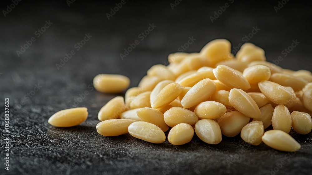 Poster cluster pine nuts rests dark surface beautifully illuminated soft low key contour lighting highlight