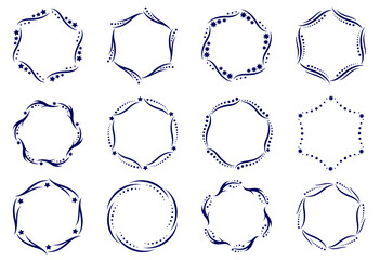 A set of twelve decorative frames of wavy lines, dots and stars. Round borders made of decorative elements. Circle pattern. Designer ornaments for holiday cards and invitations. Vector illustration.