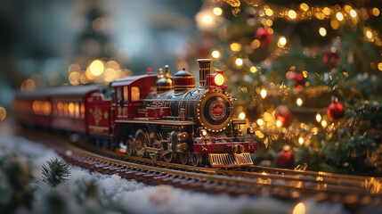 Fototapeta premium festive holiday train set runs around Christmas tree, surrounded by twinkling lights and ornaments, creating warm and joyful atmosphere