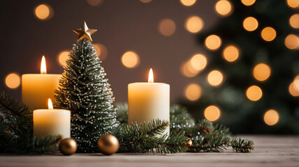 Christmas tree branches, close up with candles and bokeh lights. festive card, copy space