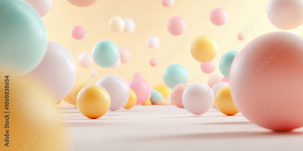 Poster bouncing colorful spheres create a playful atmosphere