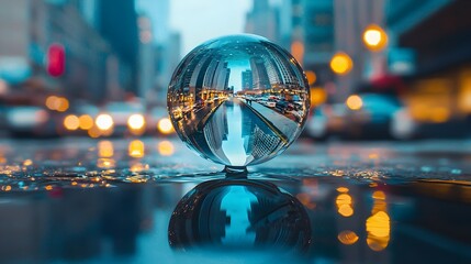 Inverted City Mirrored in a Reflective Water Drop Symbolizing Perspective and Reflection