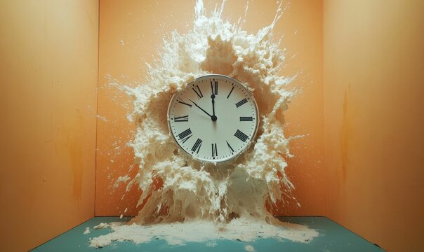 Clock exploding with white foam.