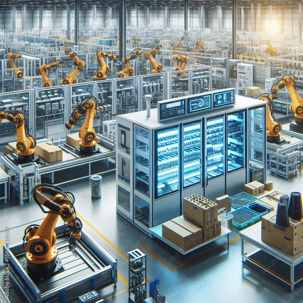 Poster a futuristic warehouse with rows of robotic arms working efficiently, monitored by a computer screen