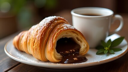 A white plate holds a flaky croissant and a steaming cup of coffee