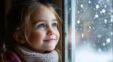 A happy little girl with a smile looks out the window, behind which it is snowing. Children's joy and happiness.