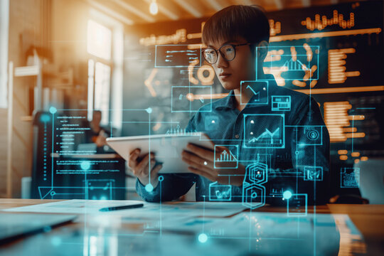 A young man in glasses intensely examines a tablet with digital data visualizations overlaying the screen, symbolizing innovation, technology, and focus in a modern workspace.
