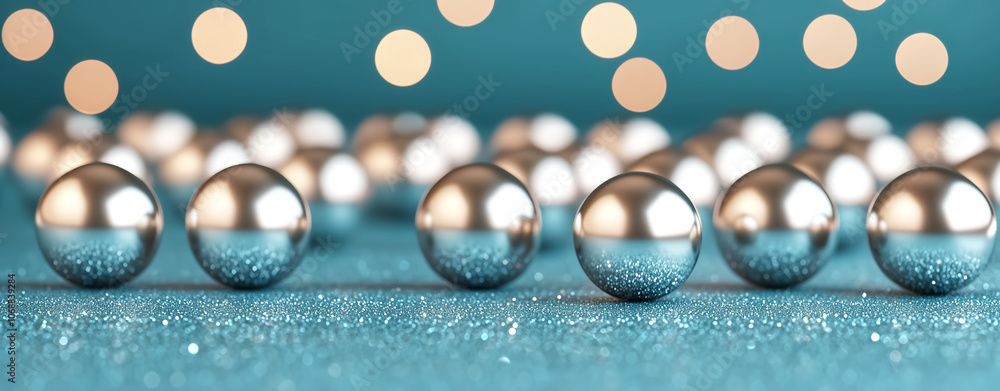 Poster shiny silver spheres on sparkling surface with blurred lights create festive atmosphere. arrangement