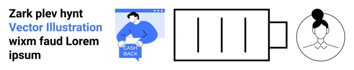 Blue cashback promotion banner, a battery icon, stylized female avatar. Ideal for marketing, financial services, battery life indicators, customer avatars, online advertisements, infographics