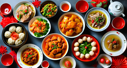 New Year's Chinese dishes. Festive New Year's table for Chinese New Year.