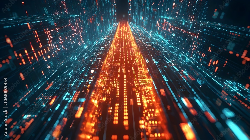 Poster ascending wealth and financial success a hi tech elevator of glowing data bars within a skyscraper