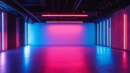 Neon lights illuminate a blank white wall in a studio.
