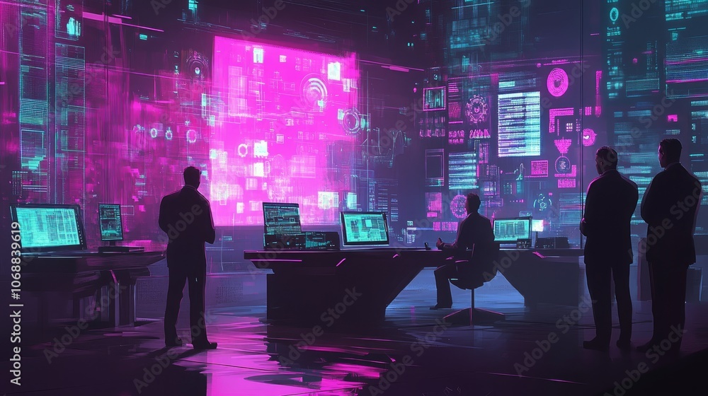 Poster four men stand in a futuristic control room illuminated by glowing neon screens displaying data.