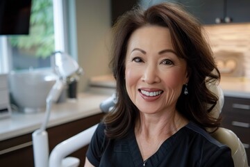 Portrait of a smiling middle aged female dentist in a modern office