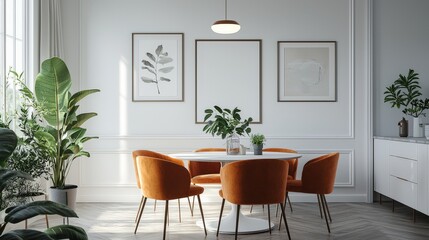 Fototapeta premium Modern kitchen and dining area with stylish orange chairs, natural light, and green plants, creating a cozy and elegant interior ideal for contemporary home and lifestyle themes