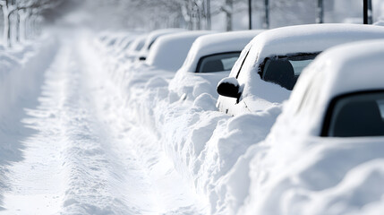 Obraz premium Snow-covered cars struggle to emerge from deep snow drifts in urban streets during winter storms