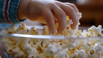 Close-up view of a child's tiny hand reaching into a bowl of popcorn symbolizing the pure joy of snacking and the memorable moments of childhood captured in a warm and inviting setting