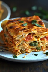 A slice of lasagna on a plate, showcasing layers of pasta, cheese, and vegetables.