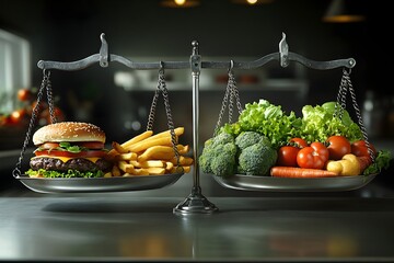 The contrast between unhealthy and healthy food options symbolizes the importance of balance when making diet choices