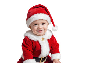 Adorable Smiling Baby in Red Christmas Outfit and Santa Hat on White Background. Transparent PNG. 