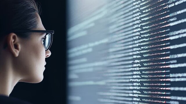 Engineer Analyzing Code on LED Display in Collaborative Office