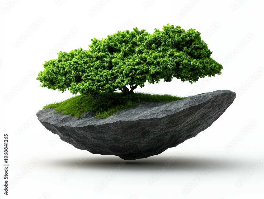 Poster a floating rock with a lush tree atop, symbolizing harmony between nature and imagination.