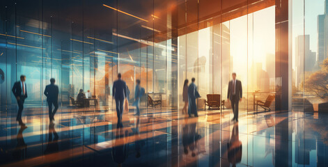 Dynamic Business Activity in Modern Office at Dusk