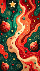 Abstract Christmas art with swirling holiday colors and star ornaments