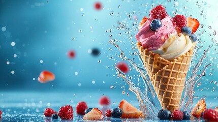 vibrant ice cream cone showcases rich flavors topped fresh berries and syrup splashes set eye catching blue backdrop.