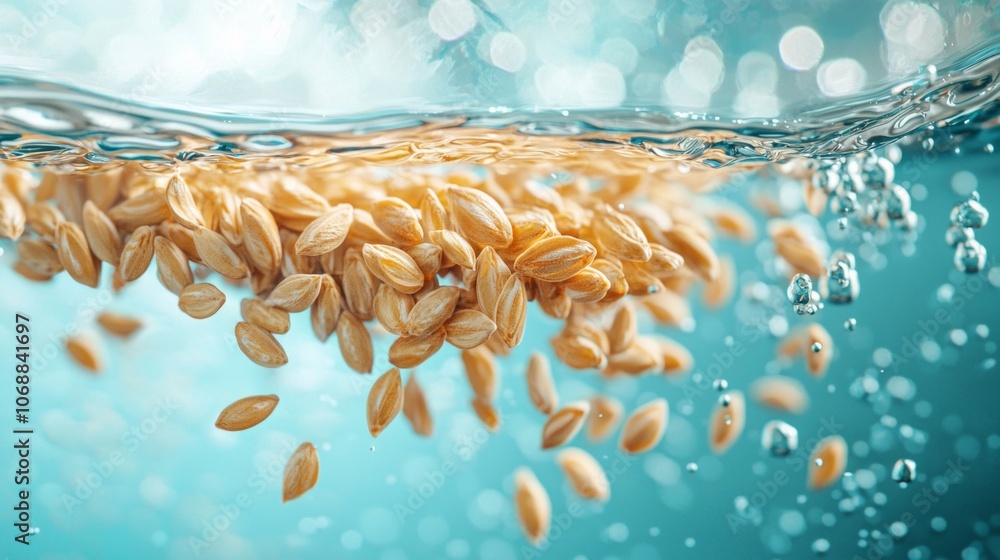 Poster wheat groats are suspended underwater showcasing their unique shape and texture while surrounded spa