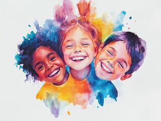 Colorful Watercolor Artwork Depicting Three Joyful Children