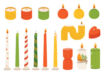 Various set of Candles. Different size and shapes Candles in a flat style. Vector illustration.