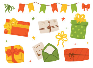 Set of gift boxes, lettres, ribbons and bows. Vector illustration.